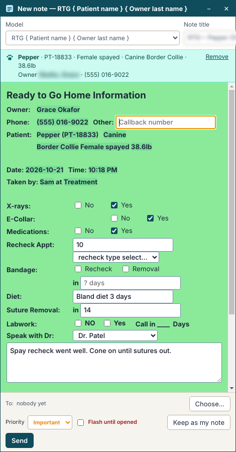 A Ready to Go Home note being filled in: X-rays, e-collar, medications, recheck, diet and which doctor to speak with
